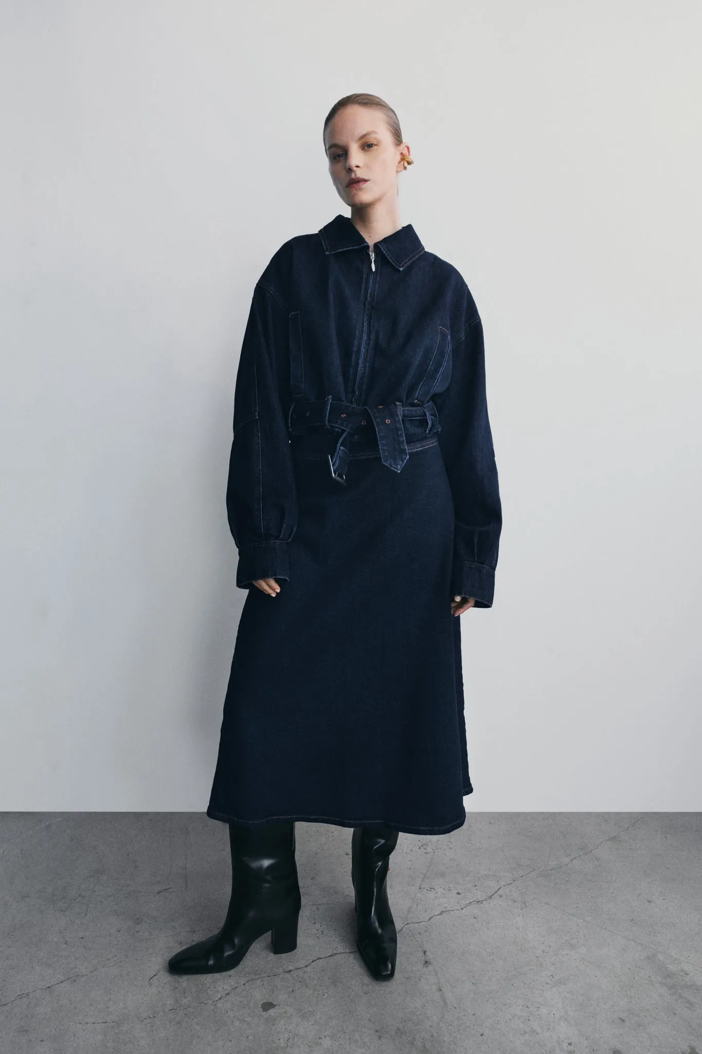 Cecilia Denim A-Line Midi Skirt - Indigo Blue Crosshatch Stitching