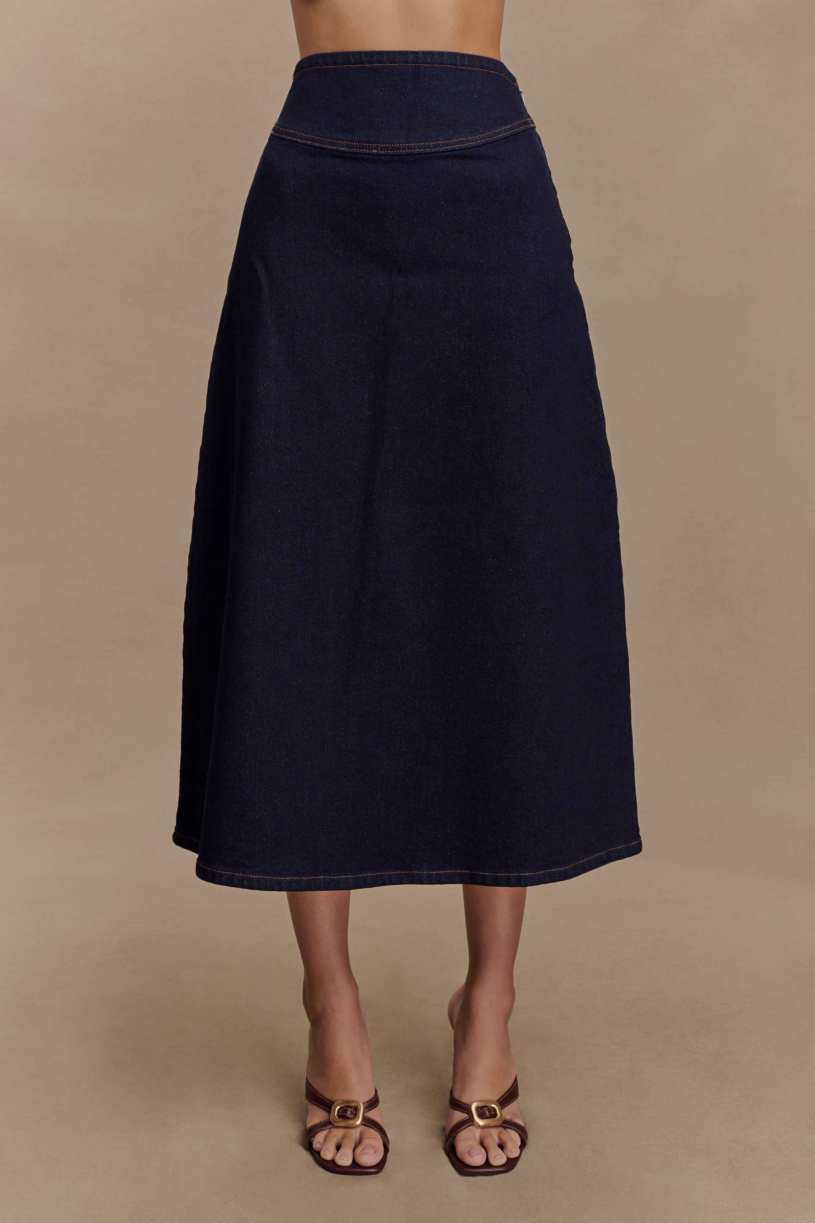 Clean Fit Minimalist Style Family Style Comfy Cecilia Denim A-Line Midi Skirt - Indigo Blue
