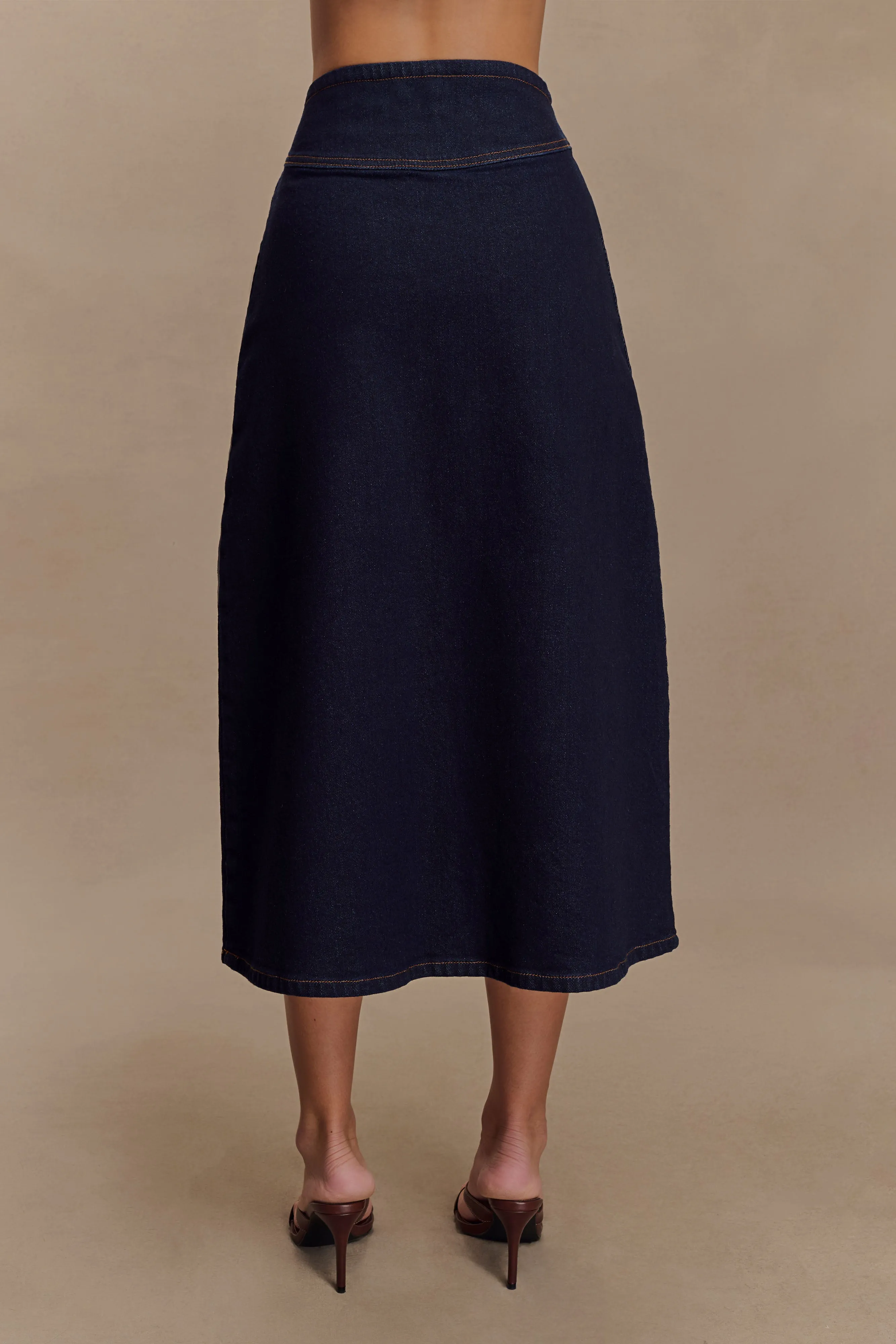 Cecilia Denim A-Line Midi Skirt - Indigo Blue Morning Ready