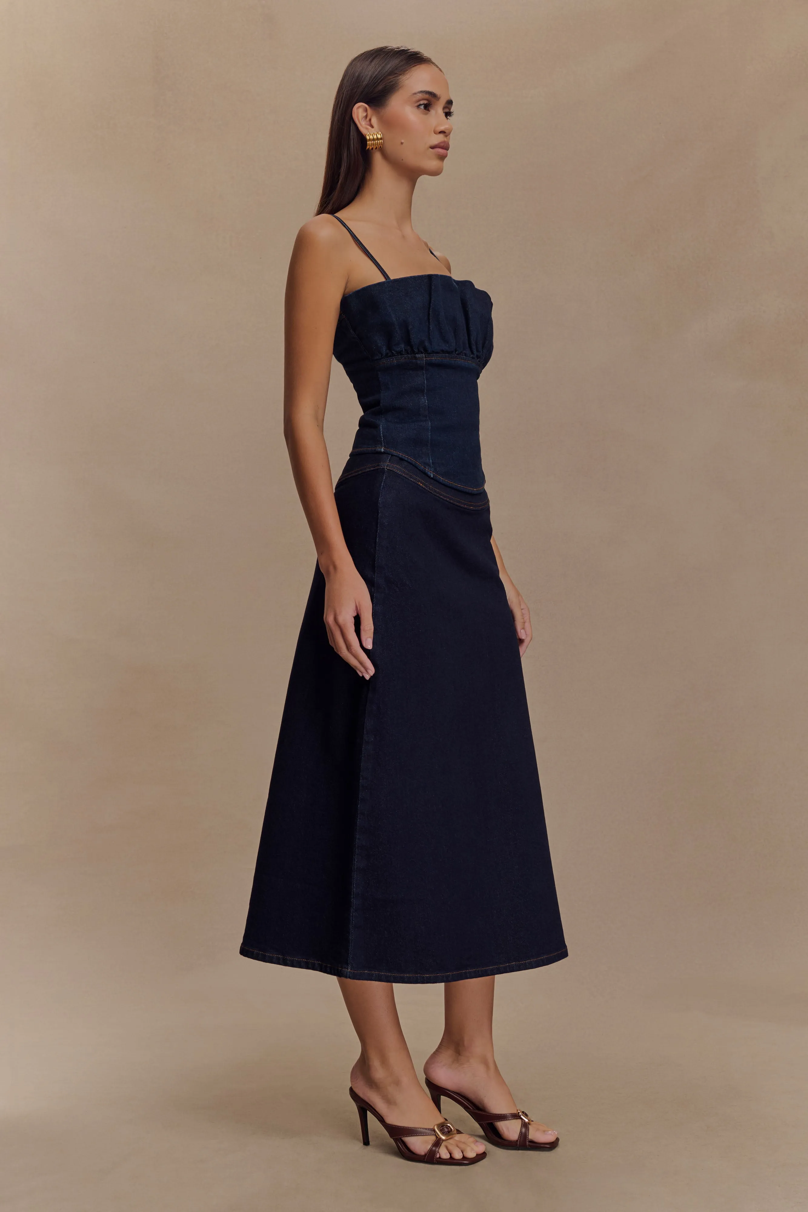 Cecilia Denim A-Line Midi Skirt - Indigo Blue Autumn Days Parent Style Bold