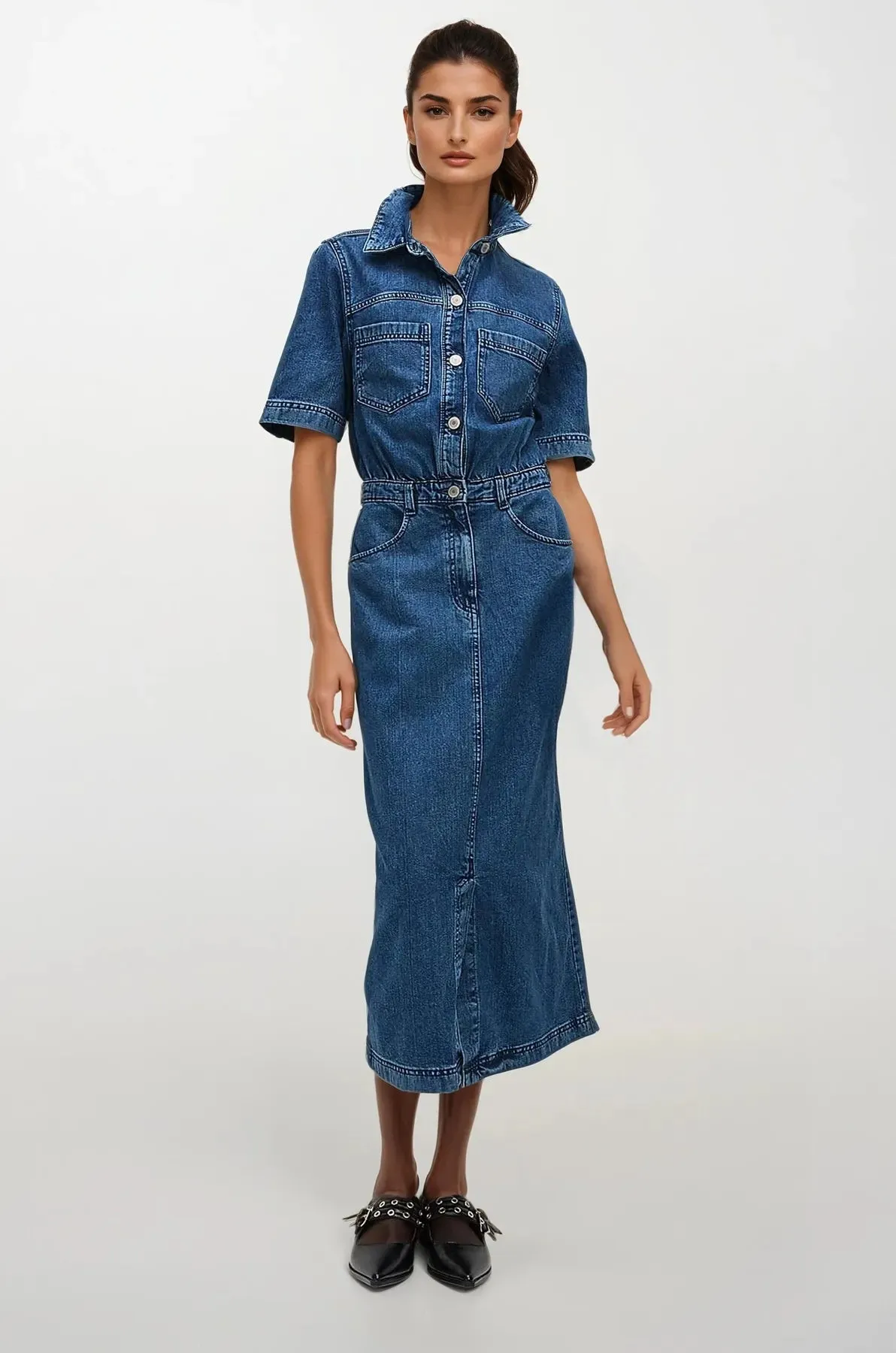 Minimalist Waistband Denim Short Sleeve Midi Utility Dress