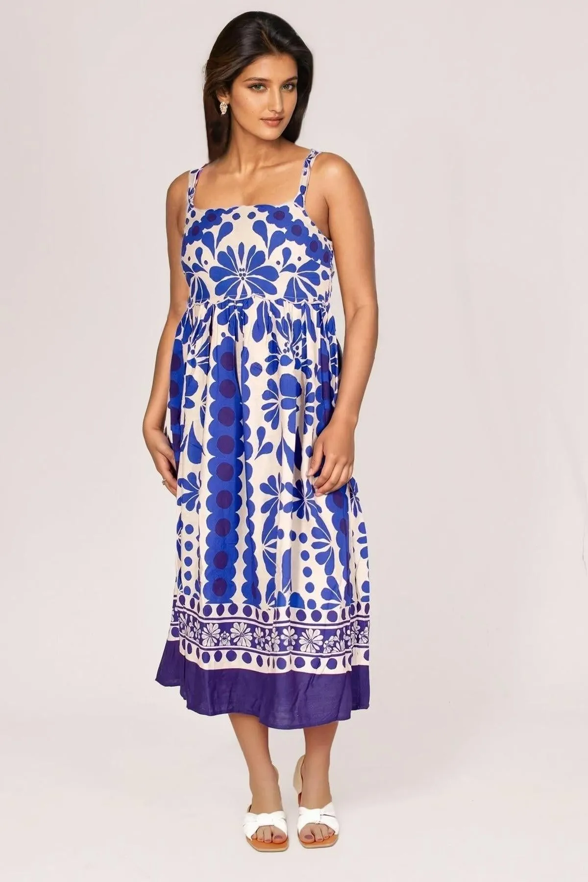 Refined Aesthetic Blue Floral Sleeveless Dress