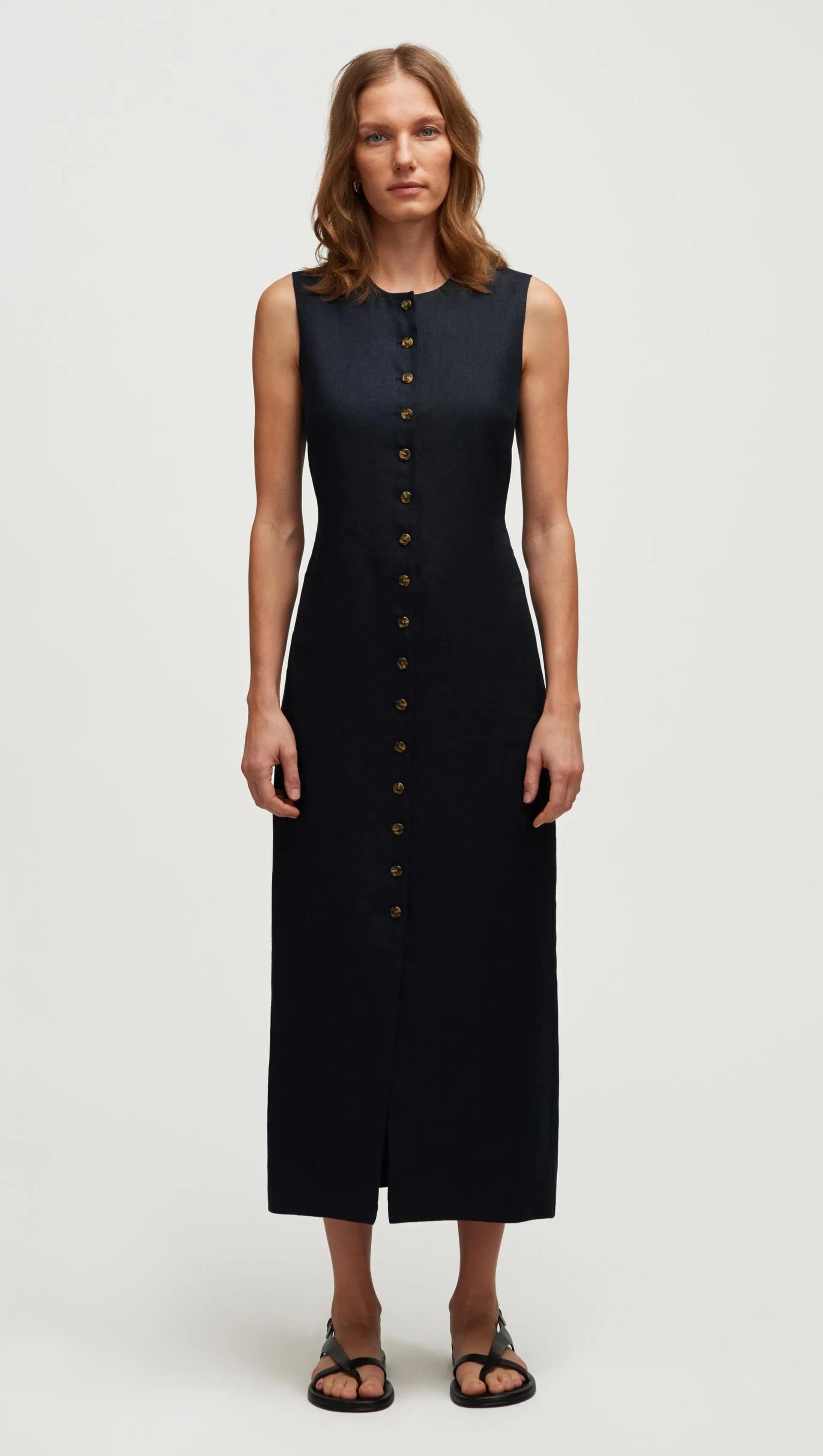 Button Dress in Basket Weave Linen | Midnight Low Maintenance Seamless Finish