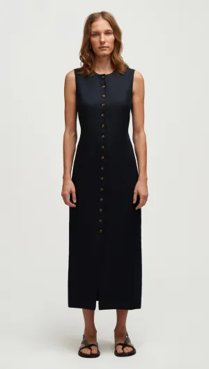 Button Dress in Basket Weave Linen | Midnight Fit Focused Pretty Glow