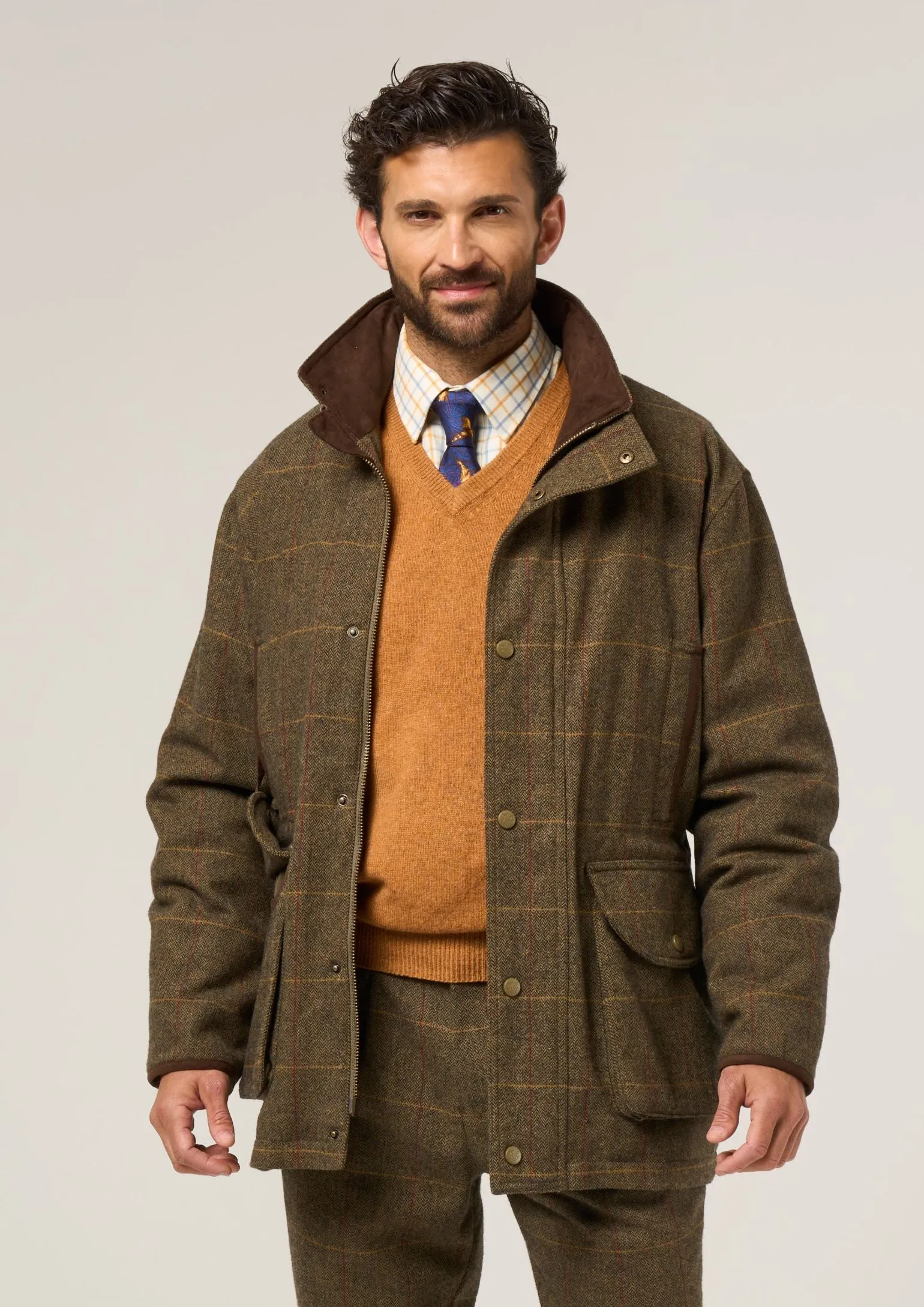 Quilted Pattern Combrook Men's Tweed Shooting Field Coat In Teak - Shooting Fit