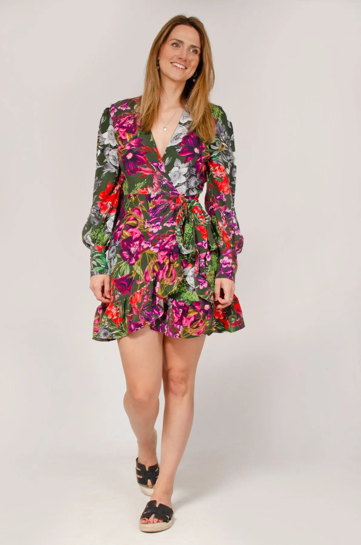 Black Mix Garden Floral Wrap Dress Happy Fit Refined Finish