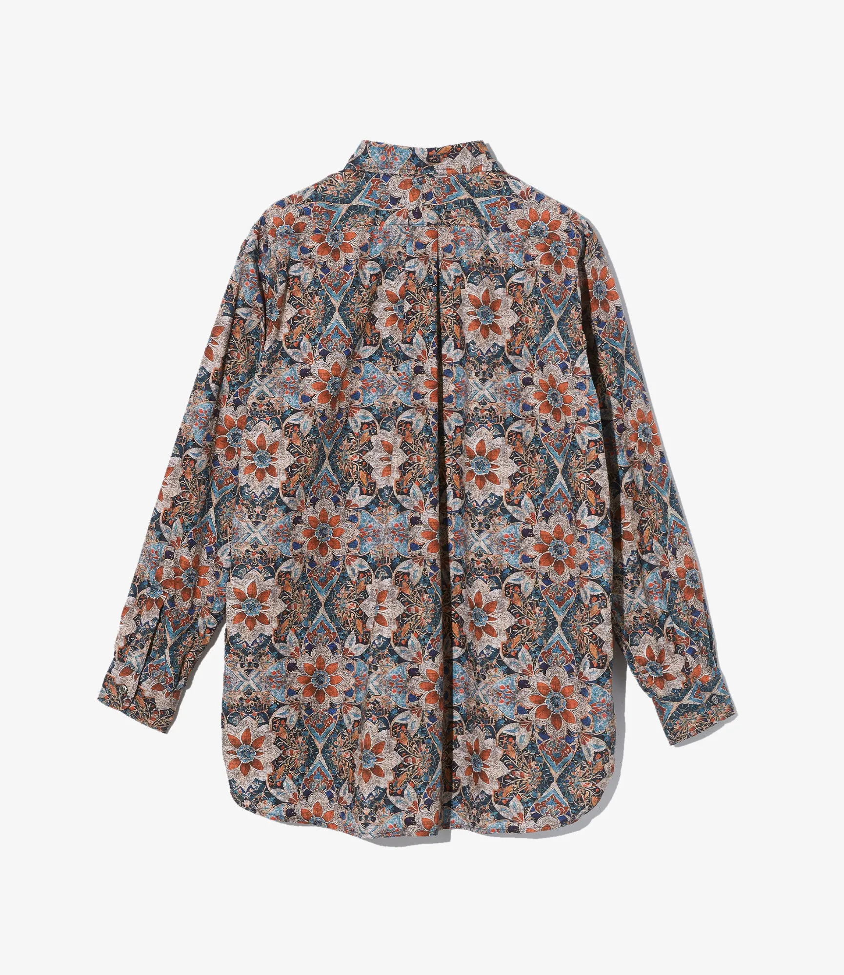 19th Century Button Down Shirt ?C Orange/Navy Floral Cotton Lawn Easy Wear Option Plus Size