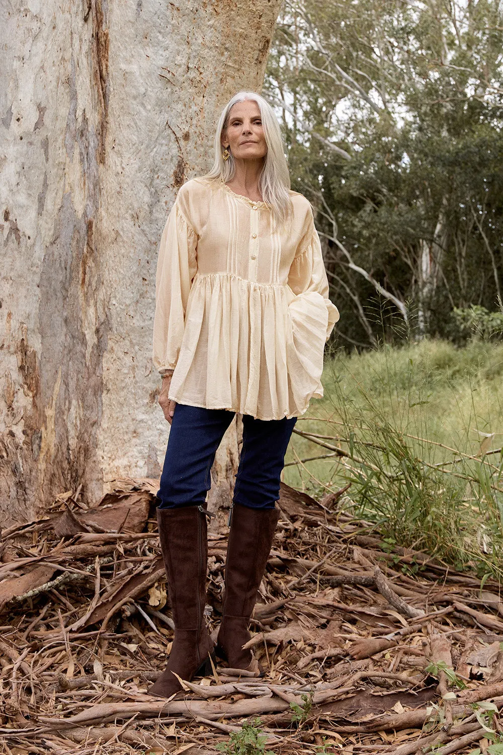 Evergreen Comfy Look Wear Coco Cotton Silk Blouse in Pearl