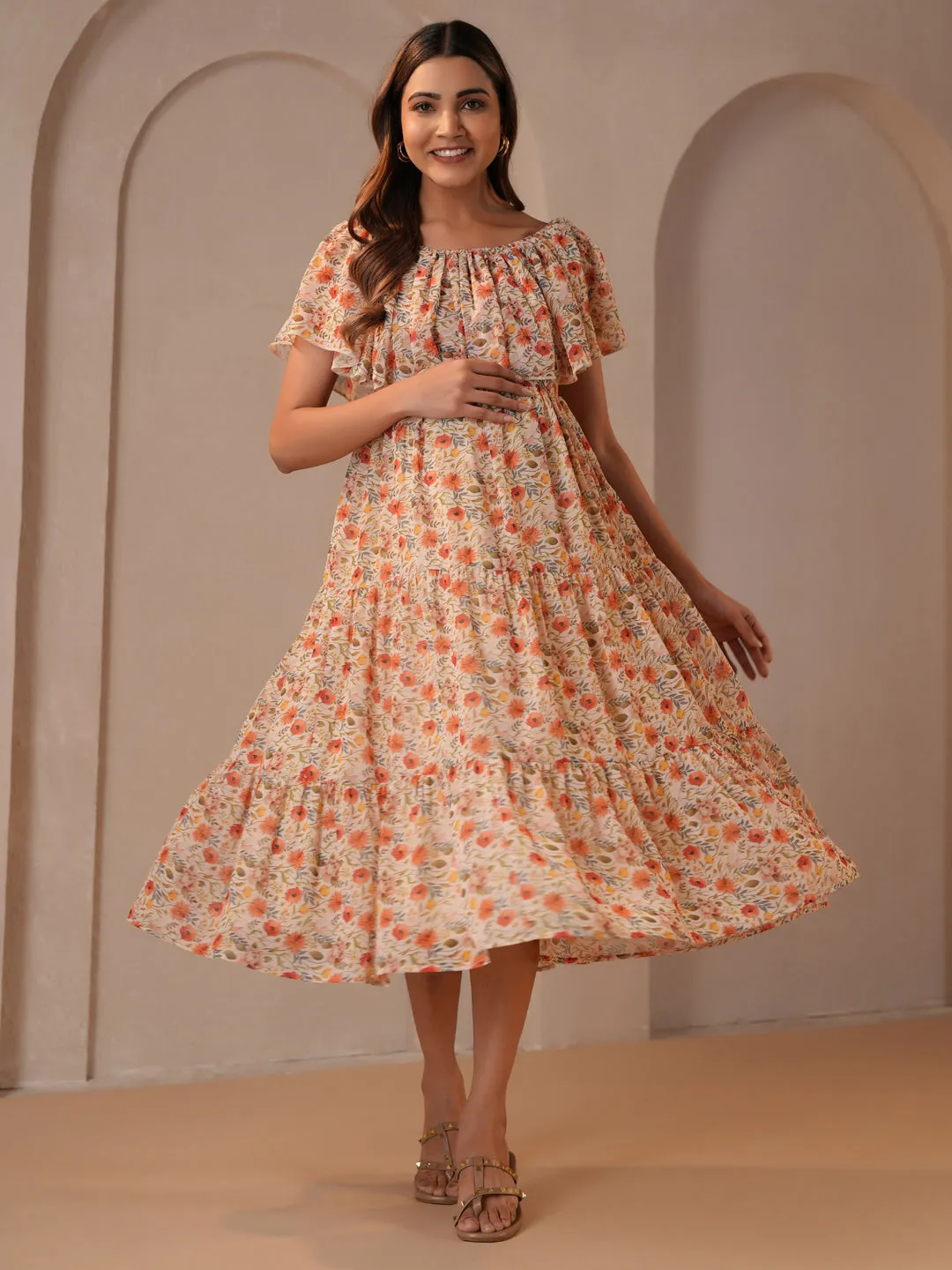 Women's Beige Maternity Dress Work Appropriate Cut-Out-Detail