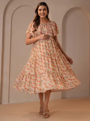 Women's Beige Maternity Dress Work Appropriate Cut-Out-Detail