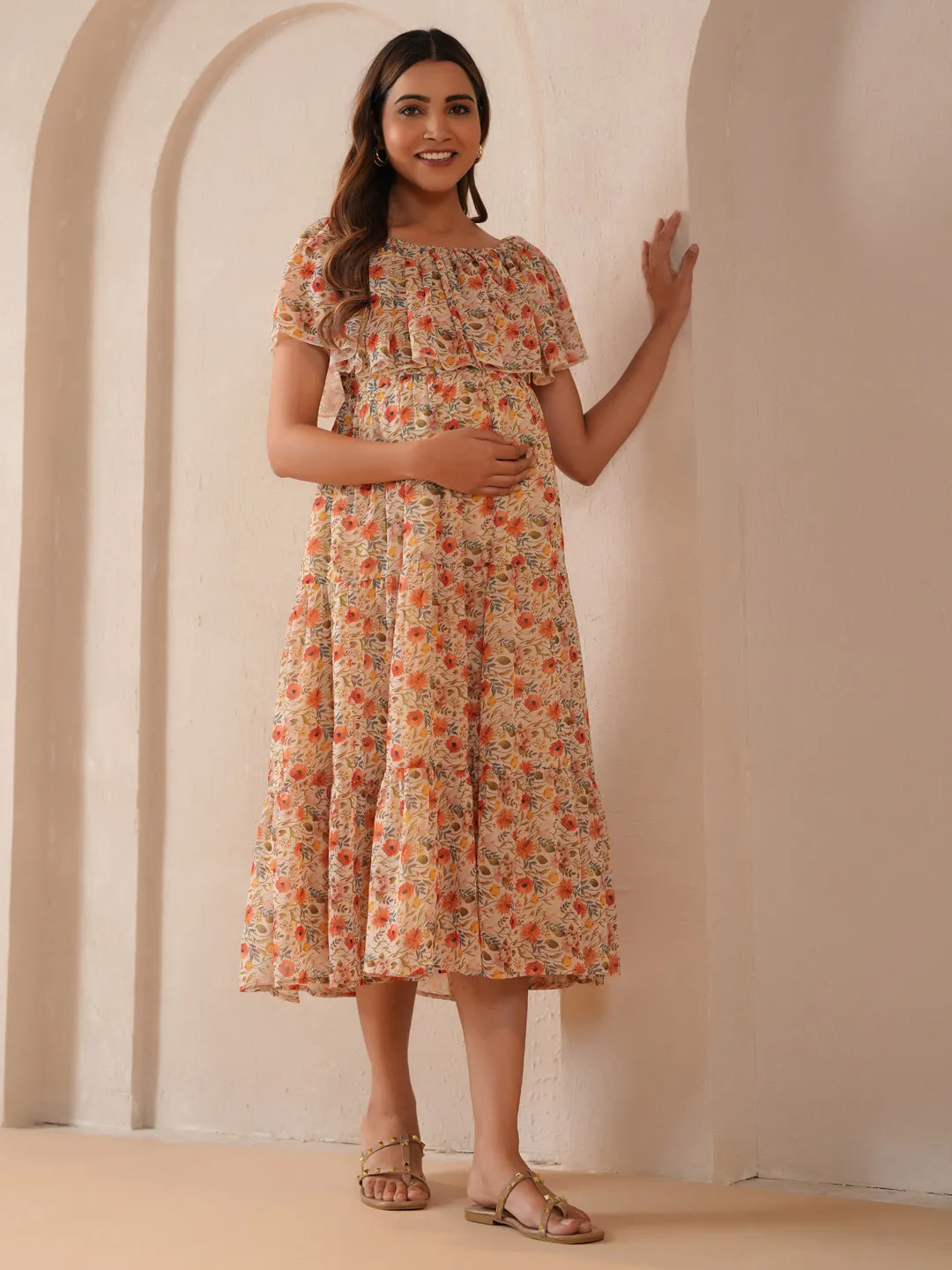 Women's Beige Maternity Dress Trendy Comfort