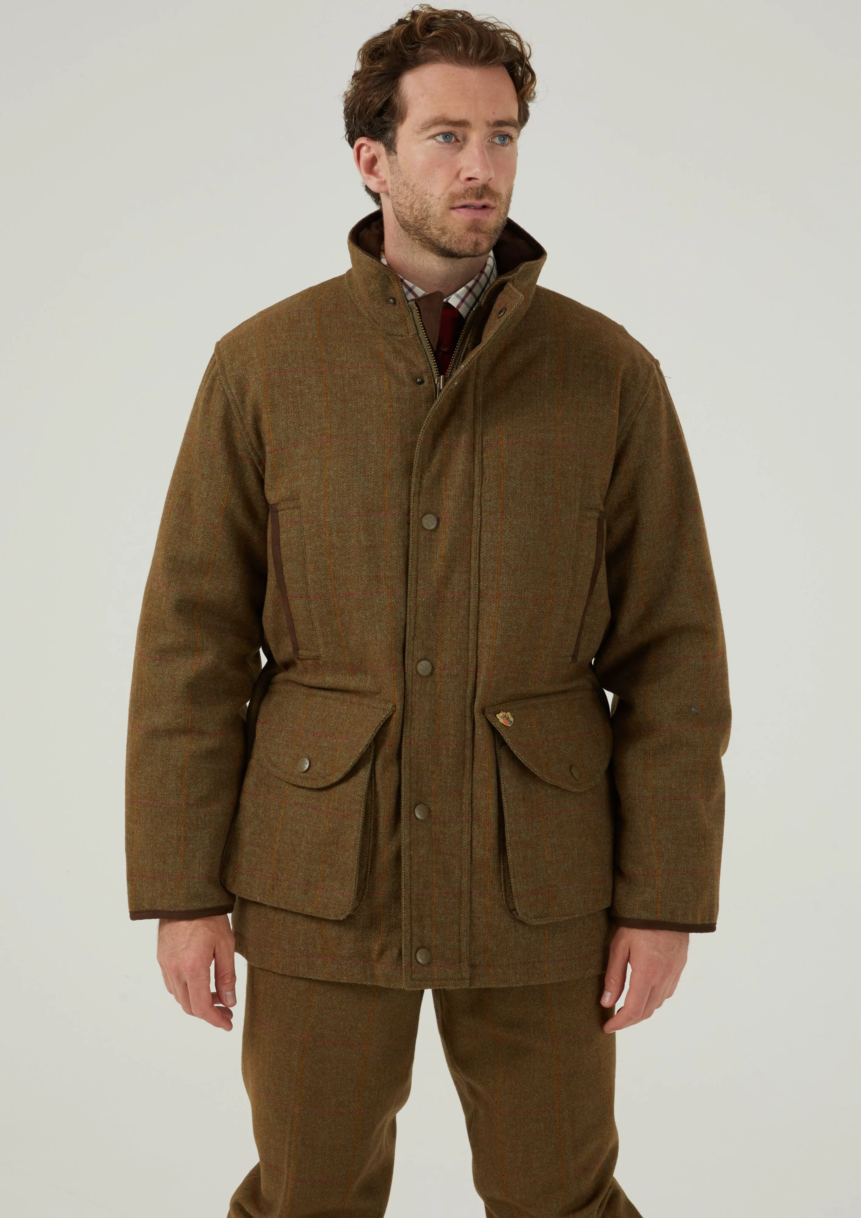 Teflon Finish High Collar Windguard Combrook Men's Tweed Shooting Field Coat In Hawthorn - Shooting Fit