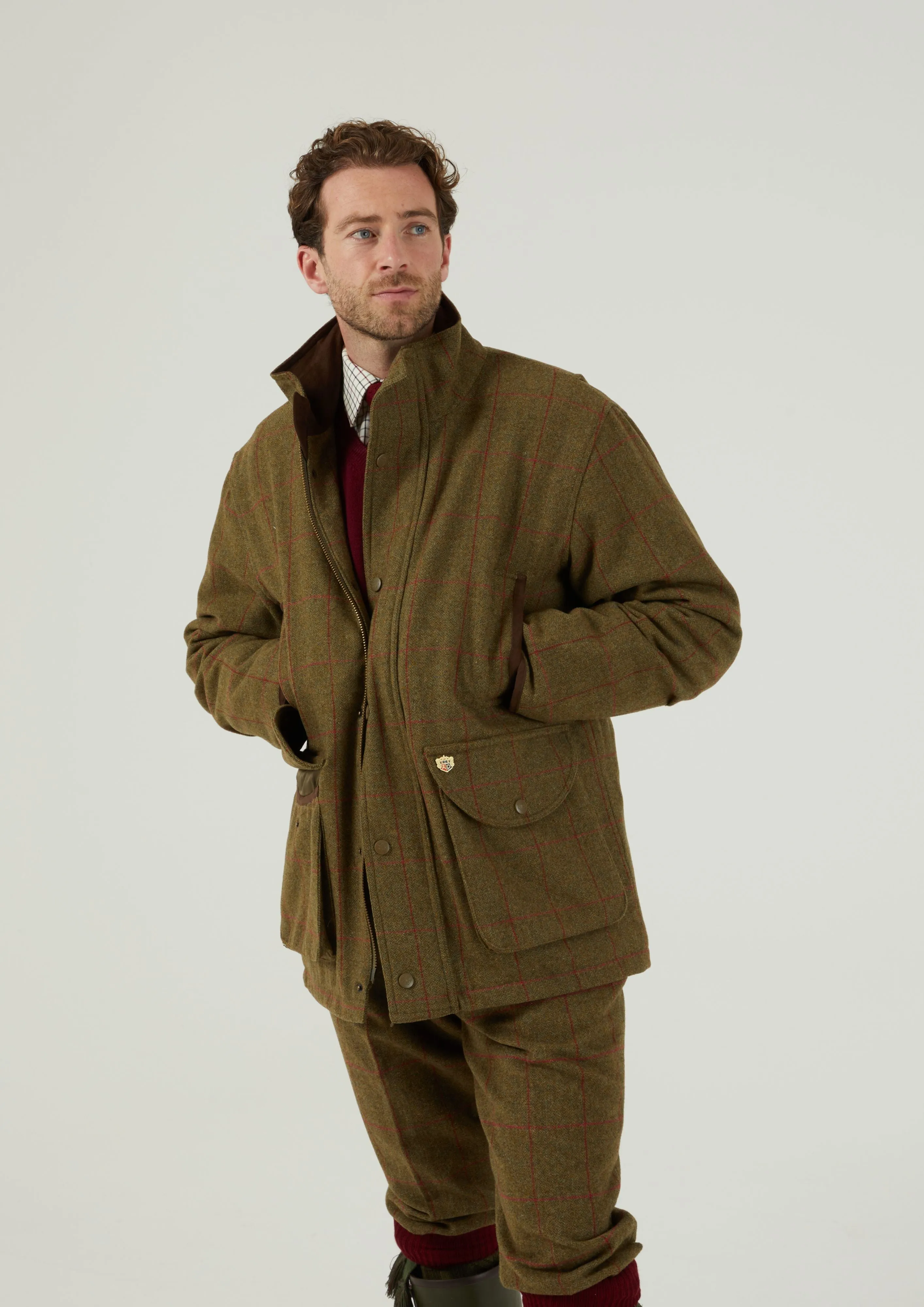 Slim Silhouette Combrook Men's Tweed Shooting Field Coat In Sage - Shooting Fit