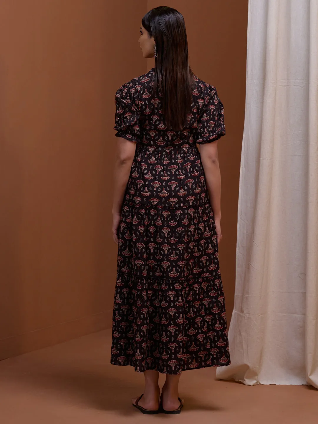 Women's Designer Black Printed Tier Dress Relax Motion