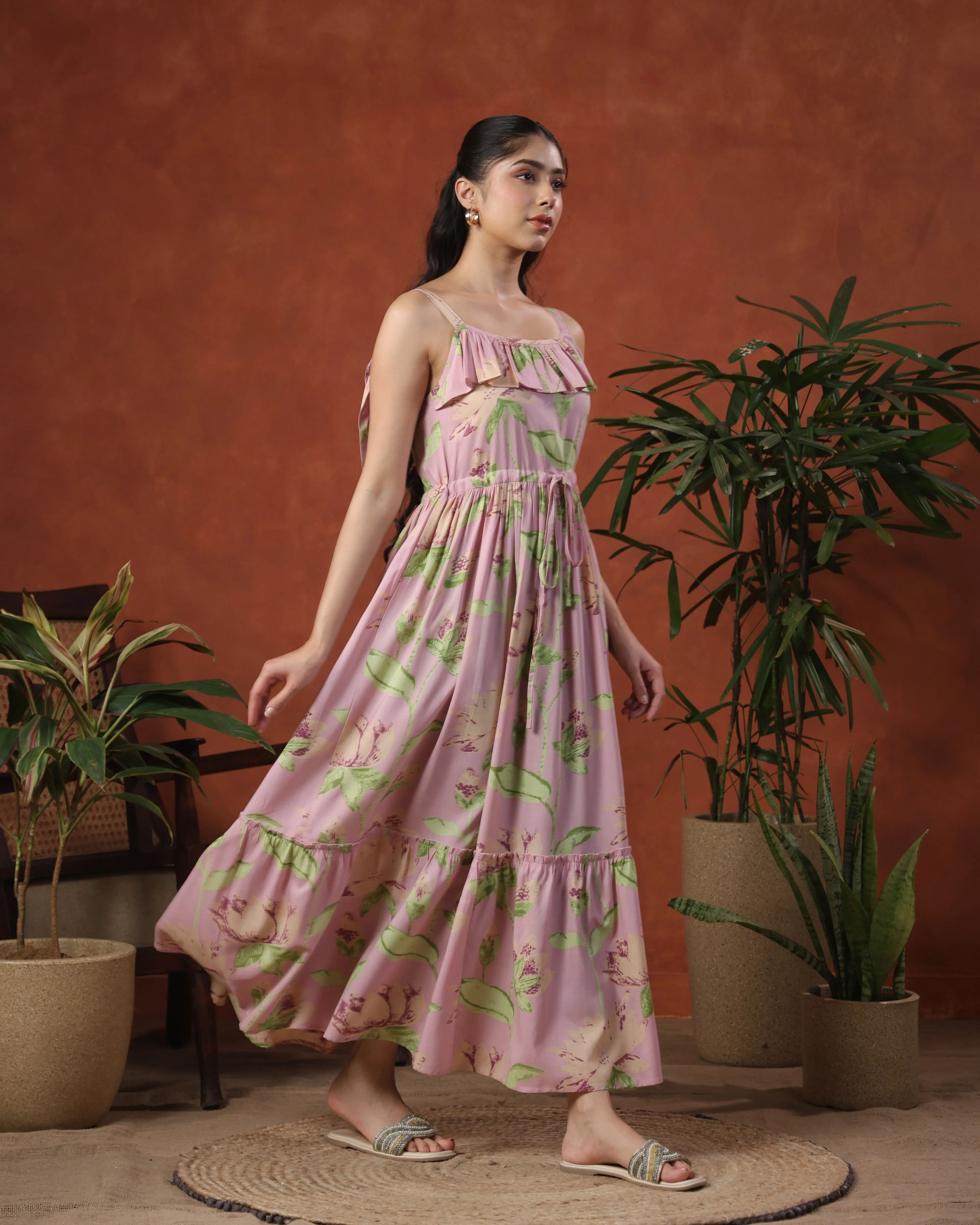 Women's long dress with tie up straps Flower Soft Detachable-Detail