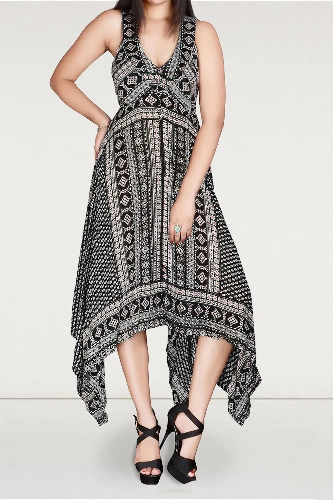 Feminine Layers Knit Warm Border Print Hanky Hem Dress