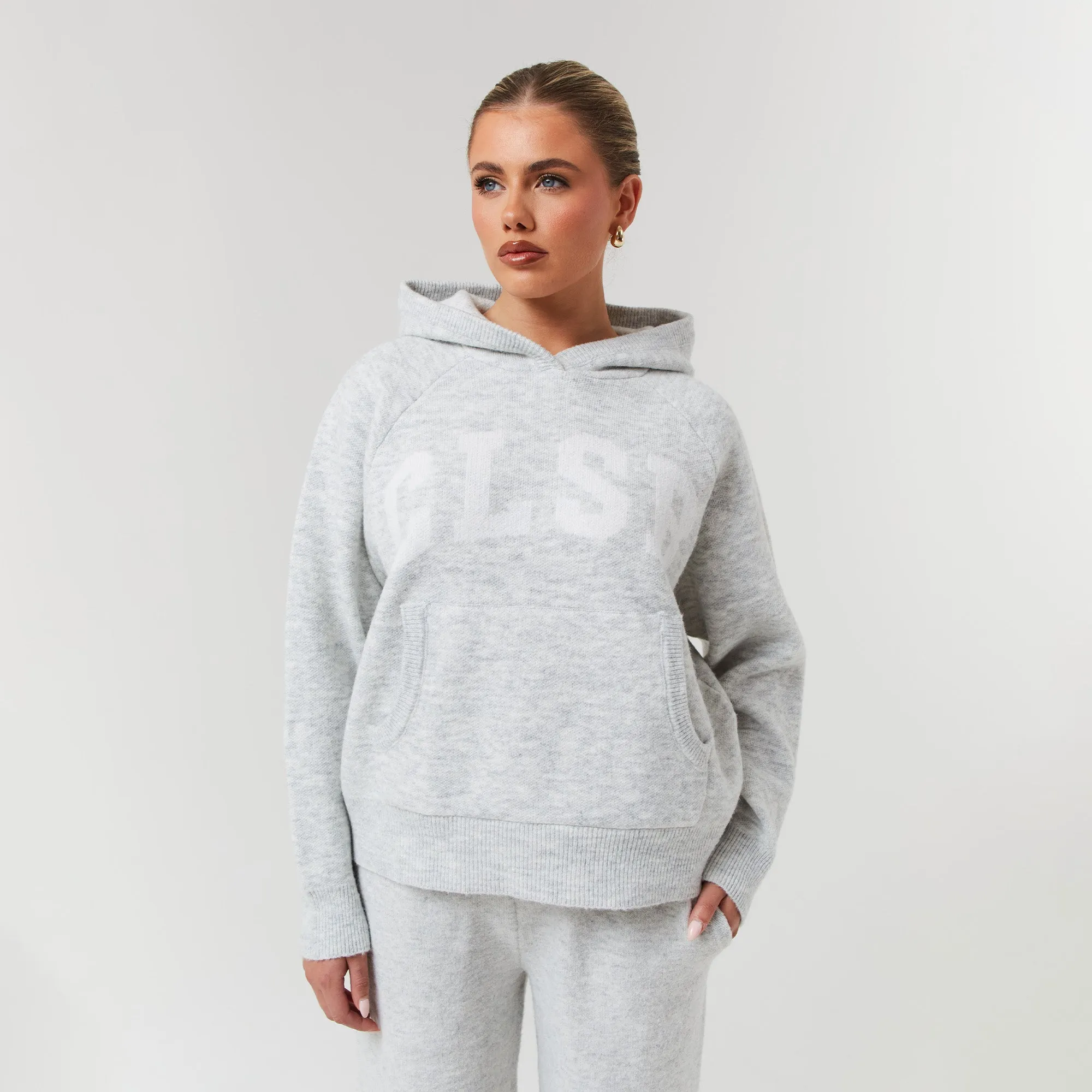 Graphic Art Lounge Fit Knit Hoodie | Light Grey Marl