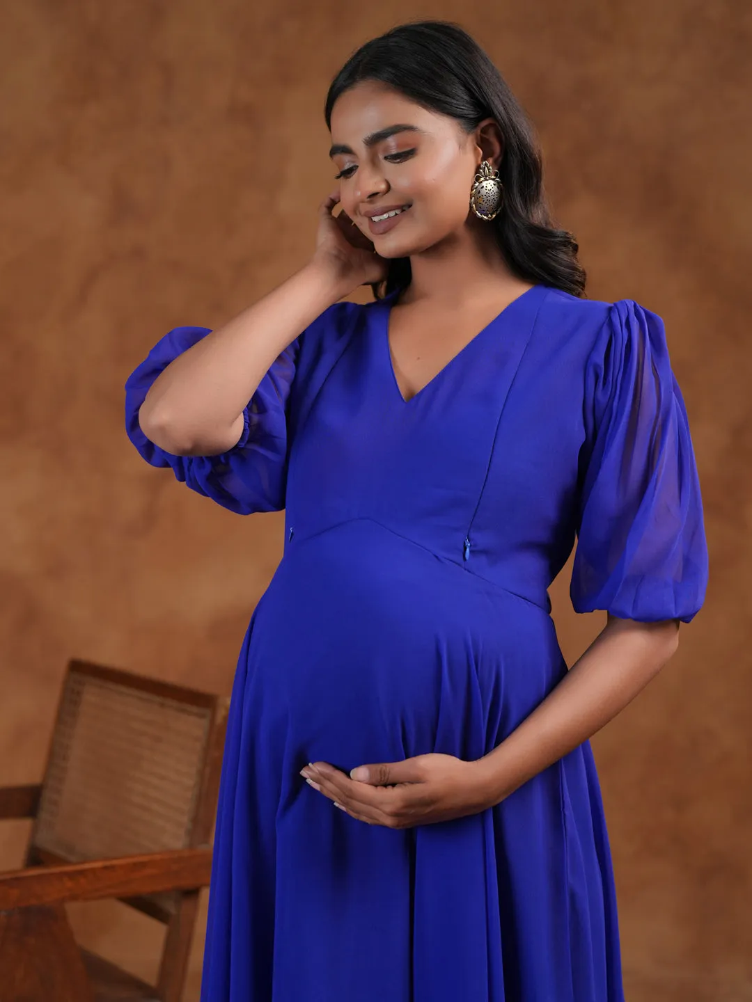 Women's Georgette Blue Maternity Dress SmoothEdgeFinish Move Easy
