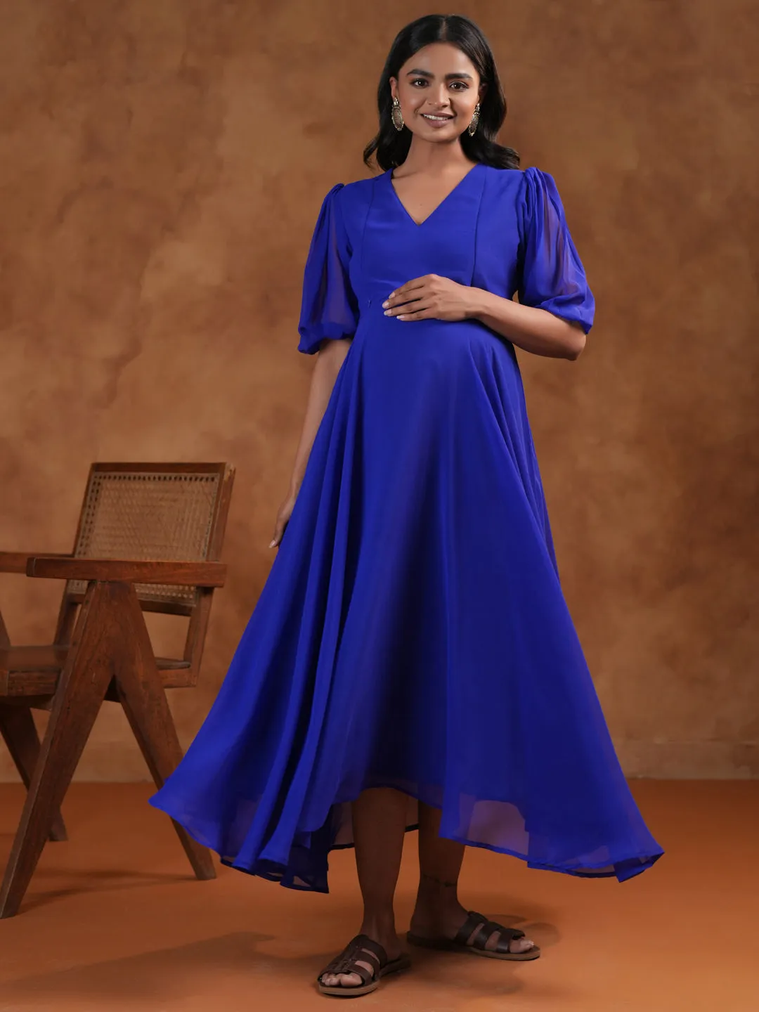 Women's Georgette Blue Maternity Dress Detachable-Detail Shine Dressy