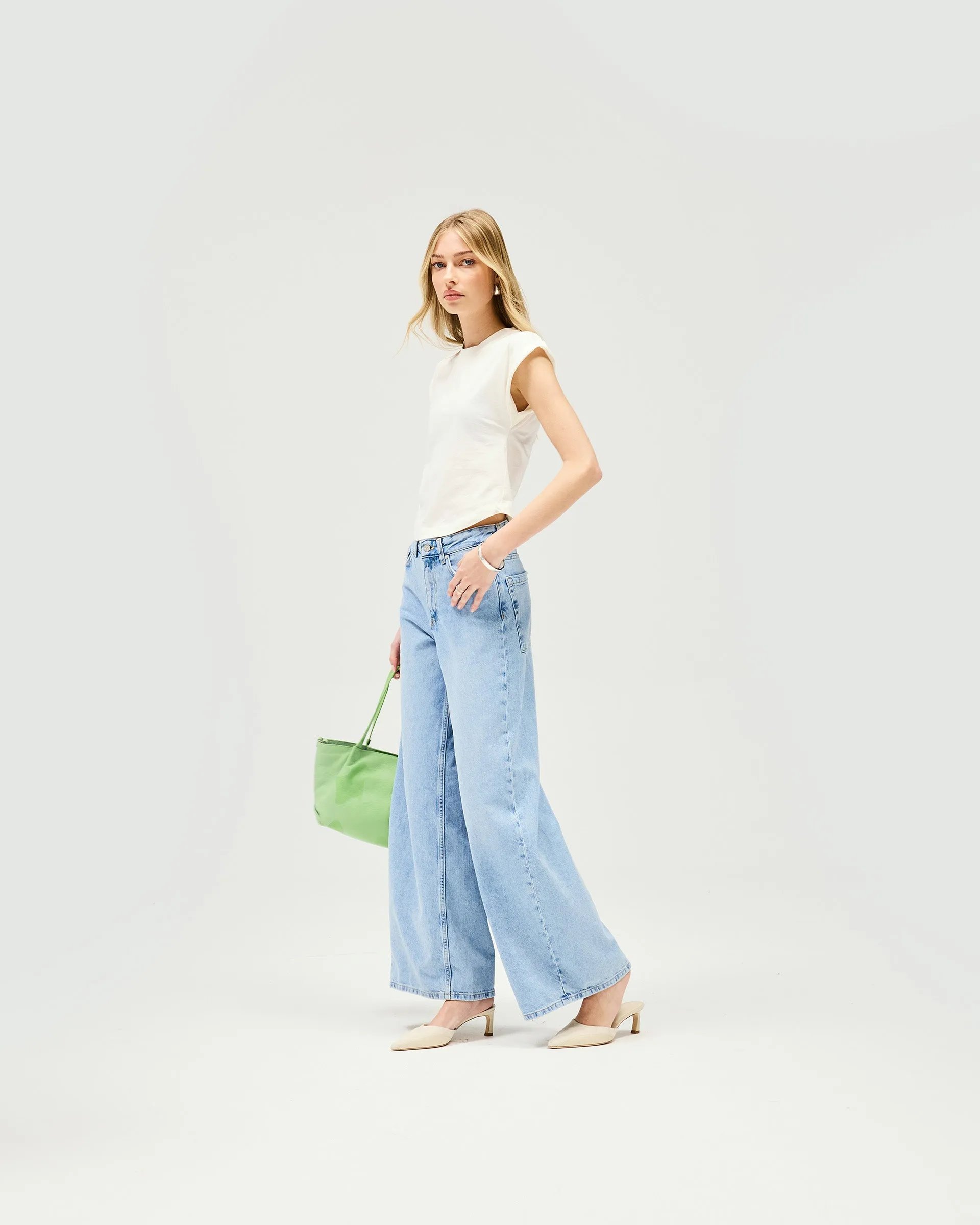 Non Fading Technology Mid Rise Wide Leg Jean - Washed Blue