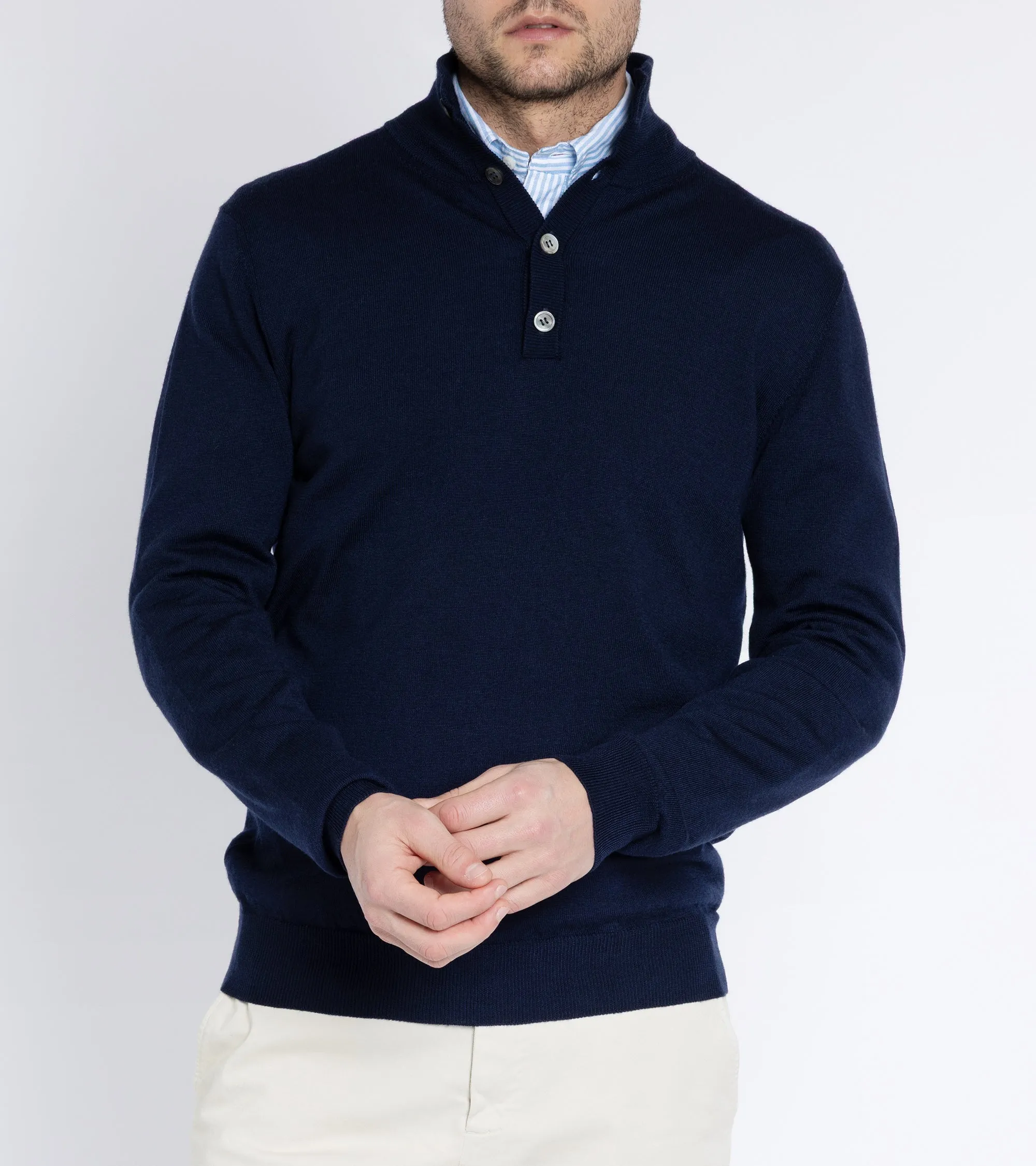 Trunk Bennet Merino Button Neck Sweater: Navy Smart Skirt