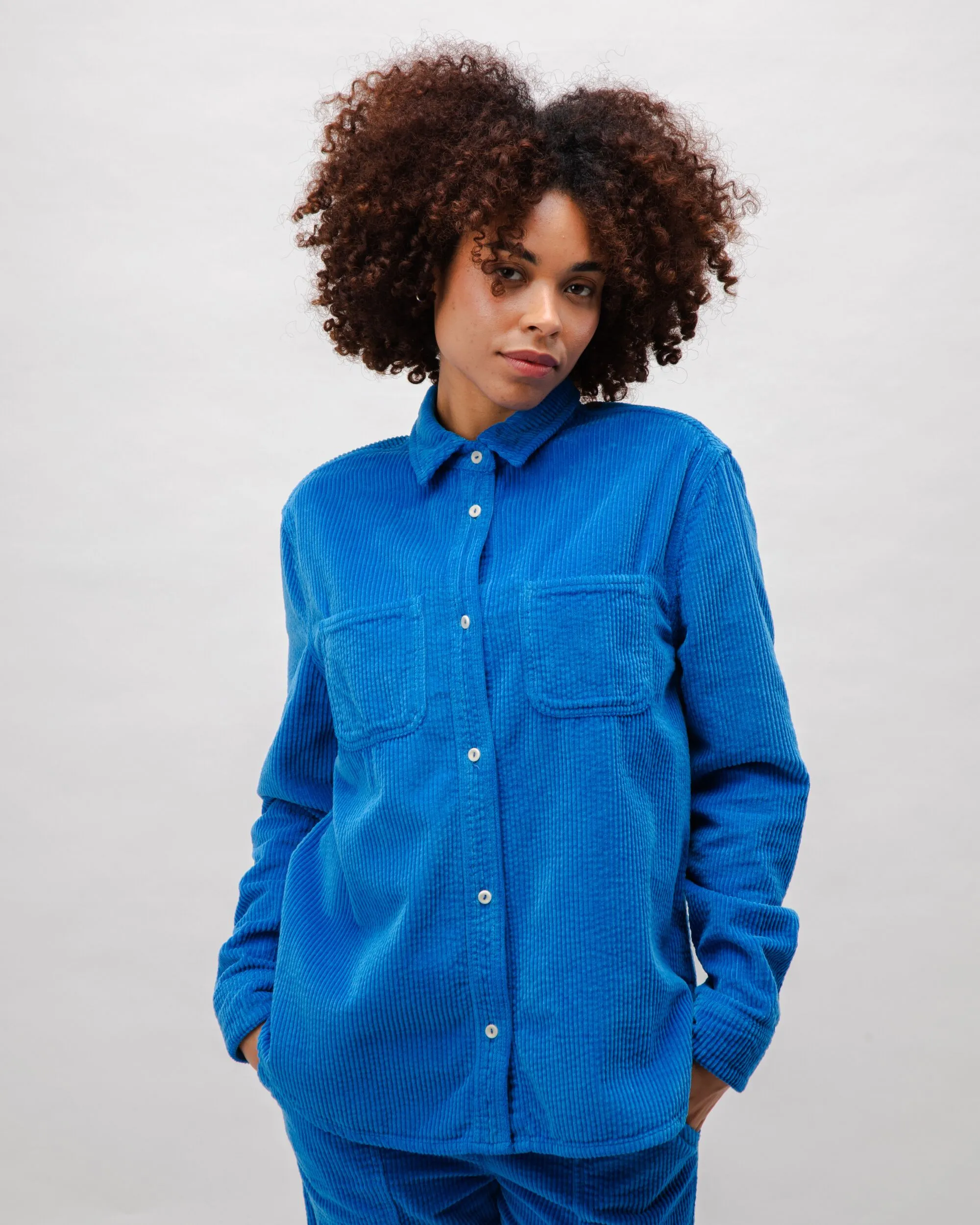 Popular Raw Hem Finish Corduroy Oversize Blouse Blue