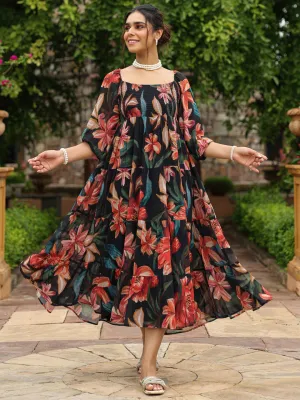 Women's Long Floral Dress With Balloon Sleeves Flattering Silhouette Wear