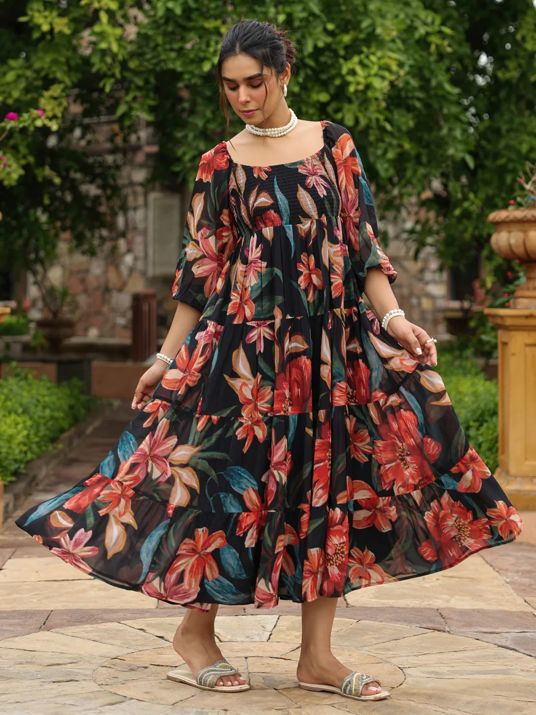 Subtle design Front-Zip Women's Long Floral Dress With Balloon Sleeves
