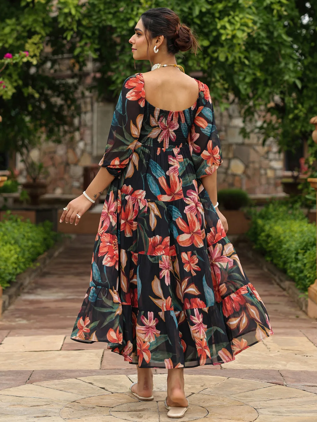 Beaded-Sleeve Women's Long Floral Dress With Balloon Sleeves