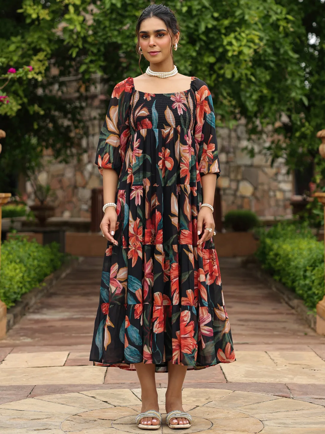 Classic A-line design Cozy Base Women's Long Floral Dress With Balloon Sleeves