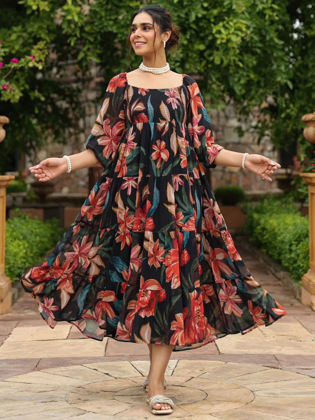 Women's Long Floral Dress With Balloon Sleeves Flattering Silhouette Wear