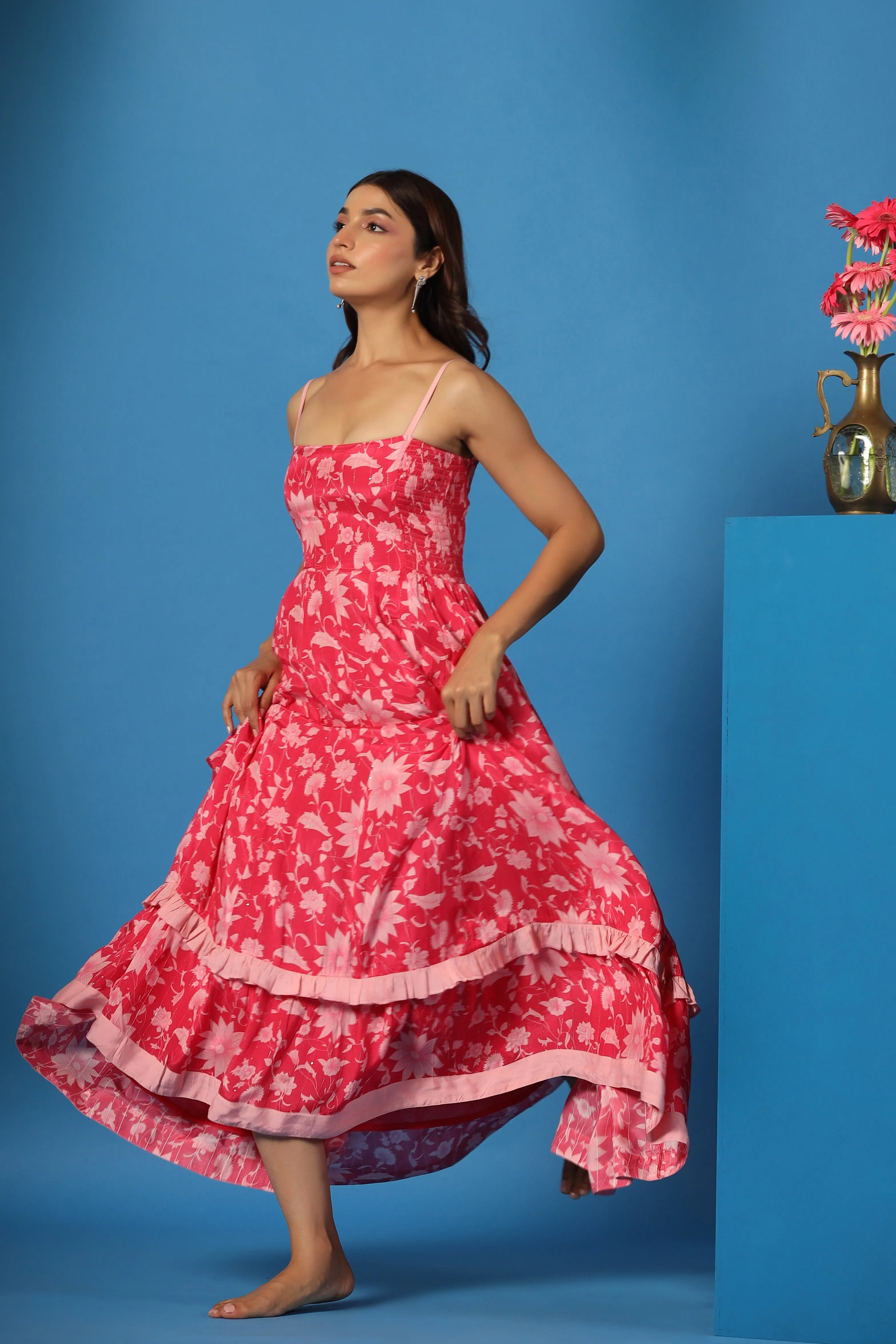 Fashion Forward Lower Hem Women's Pink Floral Long Dress