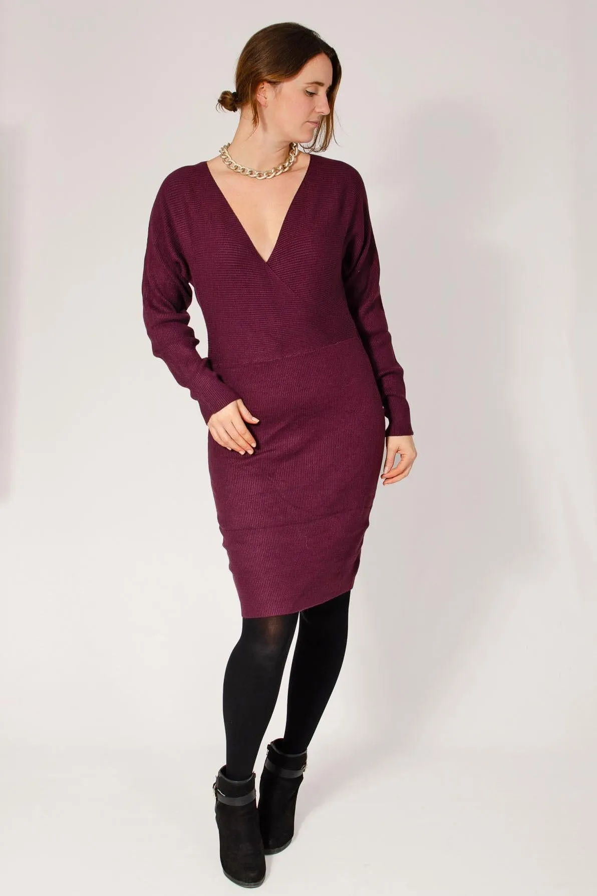 Sleek Draping V Neck Ribbed Jumper Dress