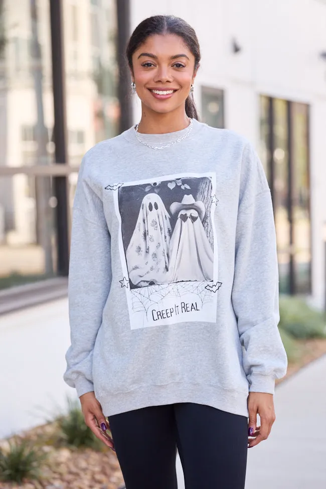Soft Touch Fabric Wide Neck Opening Creep It Real Light Grey Graphic Sweatshirt SALE