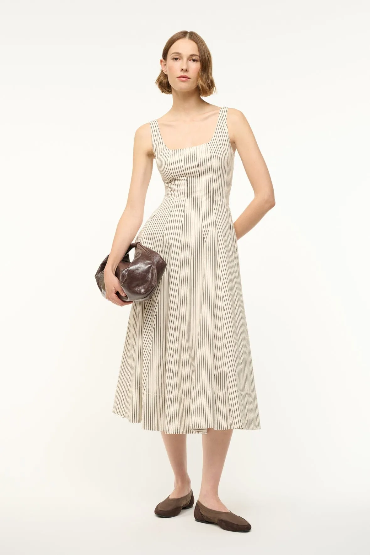 WELLS DRESS | IVORY DARK OAK MICRO STRIPE soft elegance Waist-Cinching