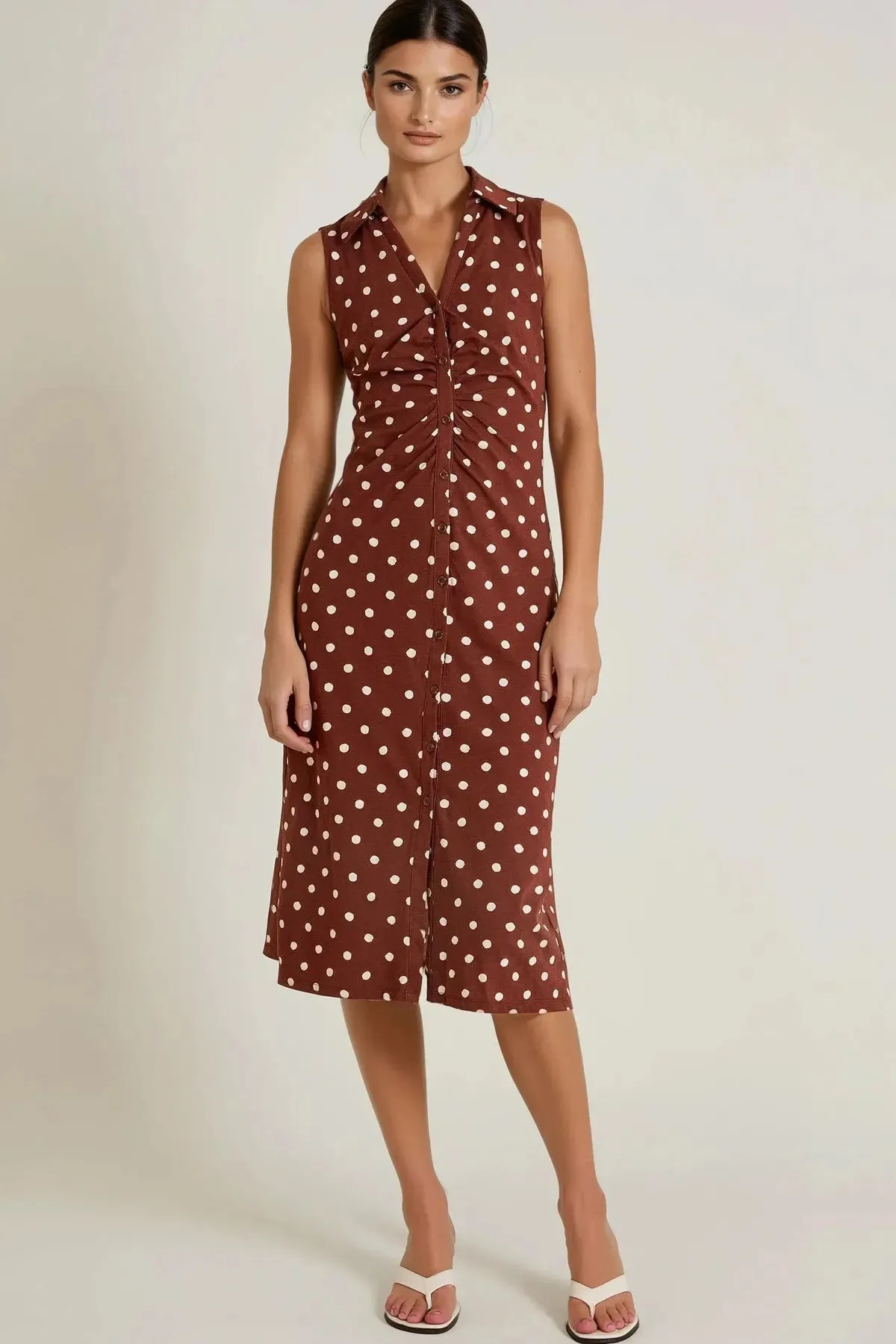 Brown White 'Paris' Spot Dress Sleek Outline Satin Touch