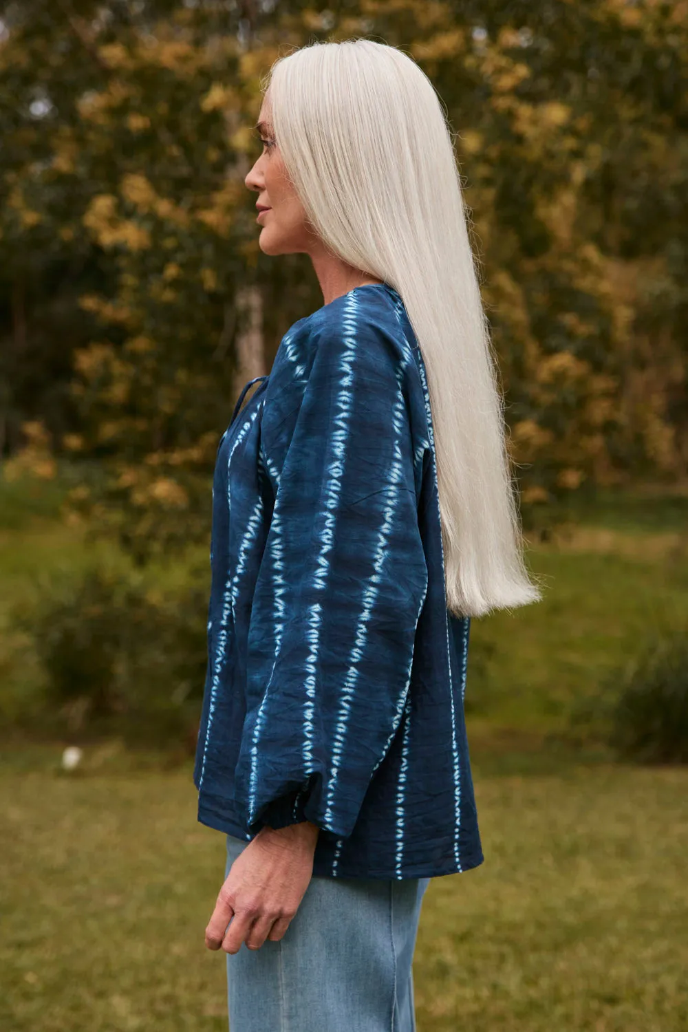 Delilah Blouse in Shibori Echo Non Restrictive Silhouette Comfy Flex