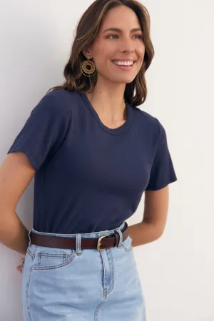 Timeless Style Elastic Fit Adrift Ribbed Tee in Navy