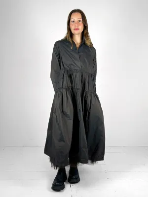 Waist-Cinching Chocolate Taffeta Tiered Maxi Dress