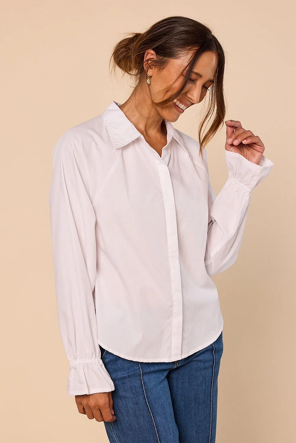Casual Active Ebony Frill Cuff Top in White