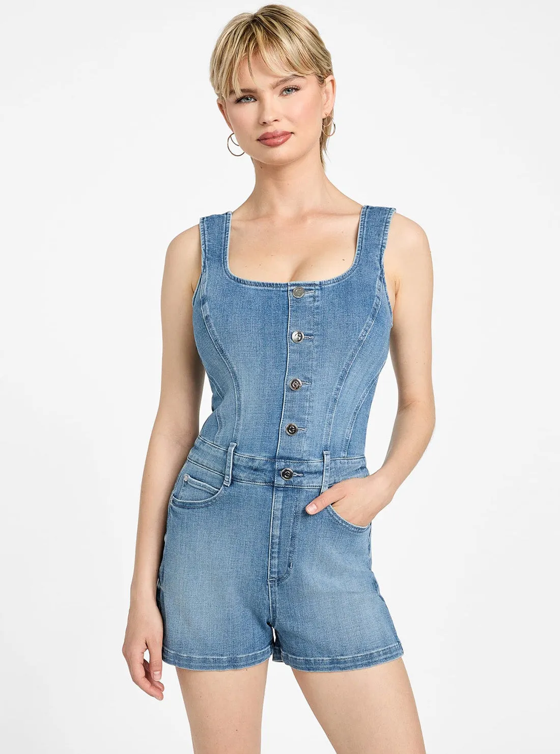 Eco Blue Sunni Denim Romper Sustainable Manufacturing FrictionResistant
