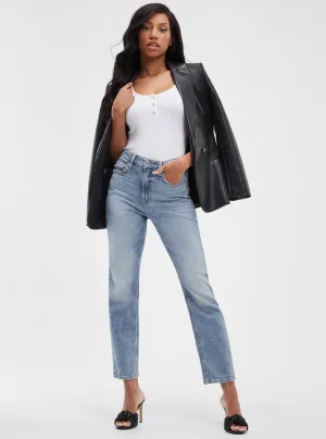 Classic Style Sunny Vibes Casual Eco High-Rise Straight Leg Girly Denim Jeans in Feel Pretty Wash