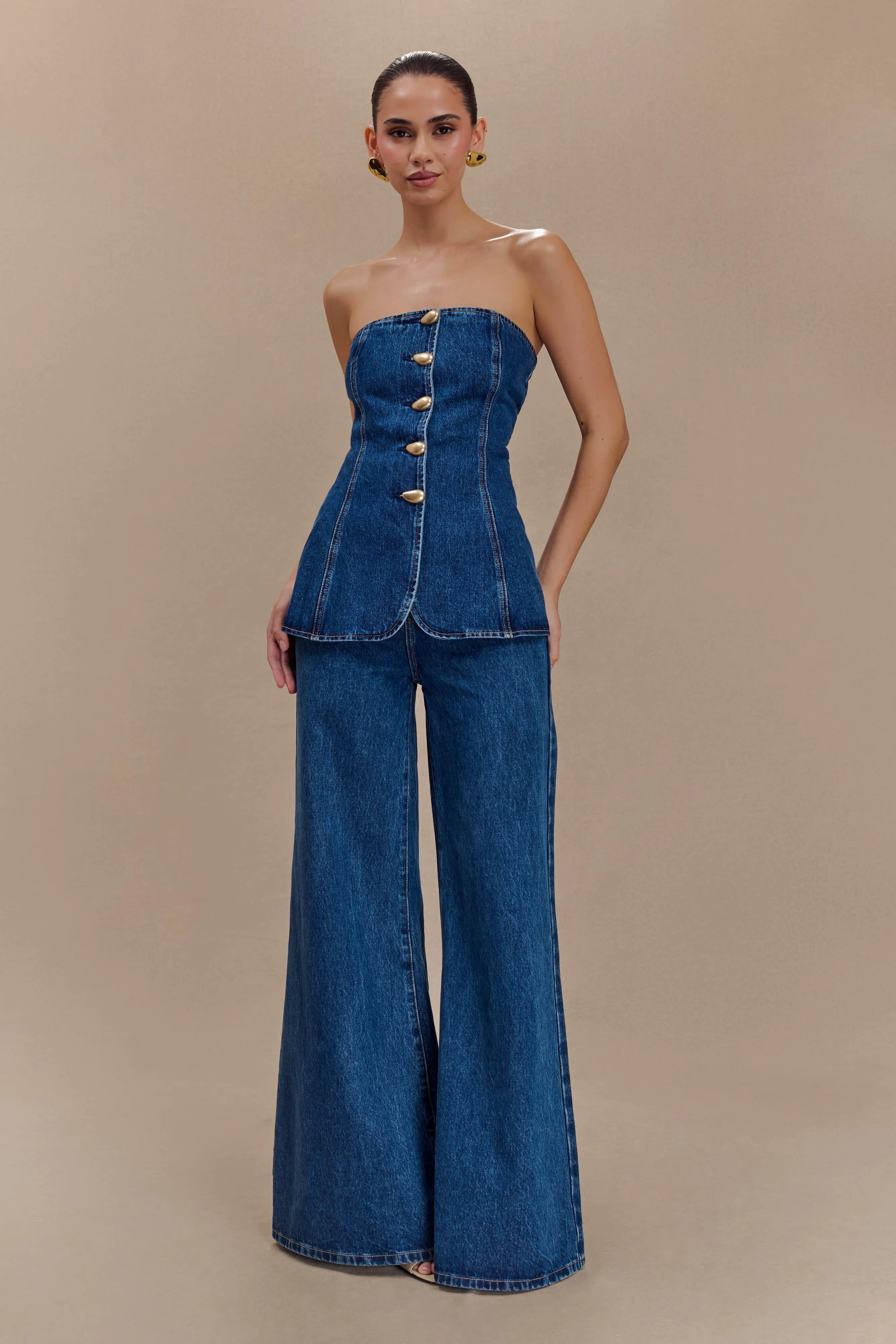 Curved Seam Construction Jen Wide Leg Flare Denim Jeans - Dark Blue