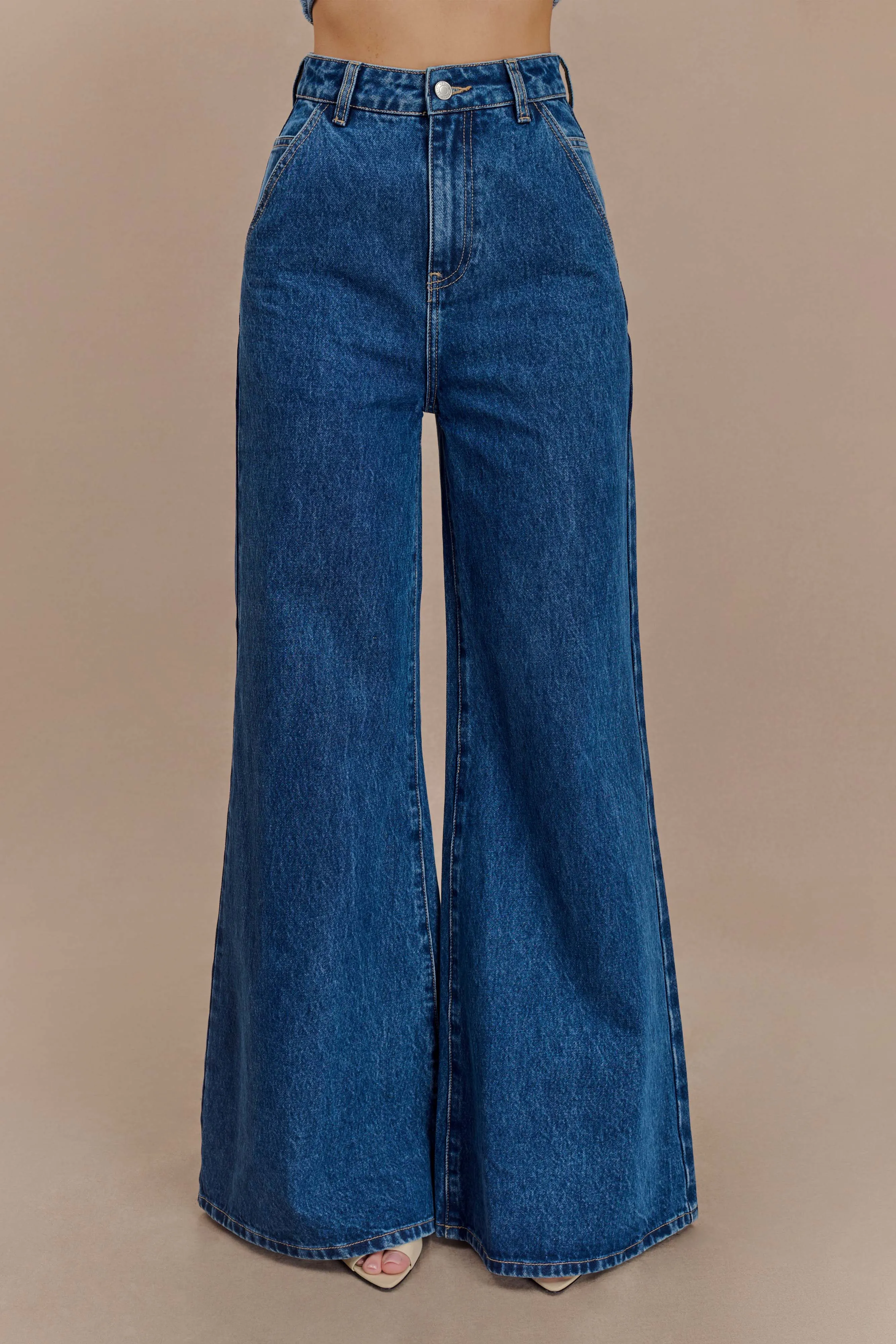 Textured Vibrant Jen Wide Leg Flare Denim Jeans - Dark Blue
