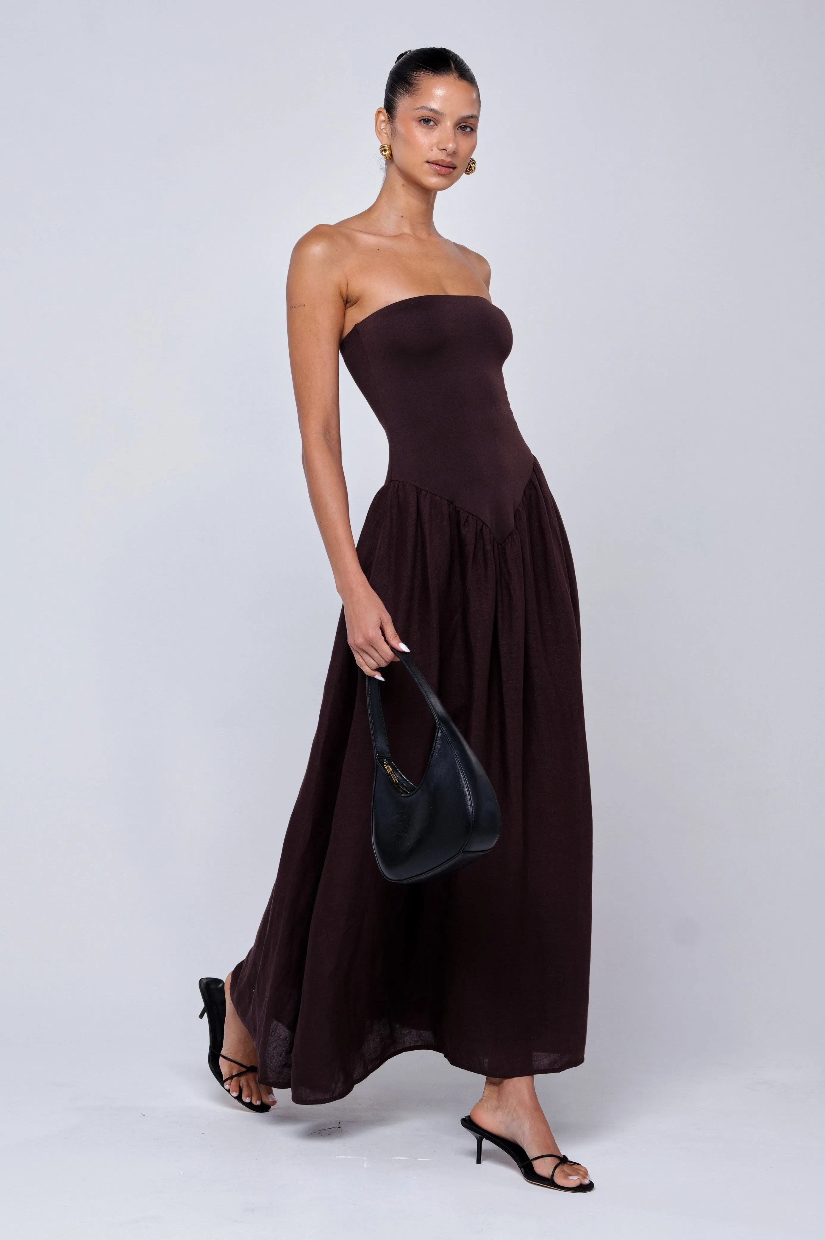 Mackenzie Dress in Brown Linen Satin-Finish