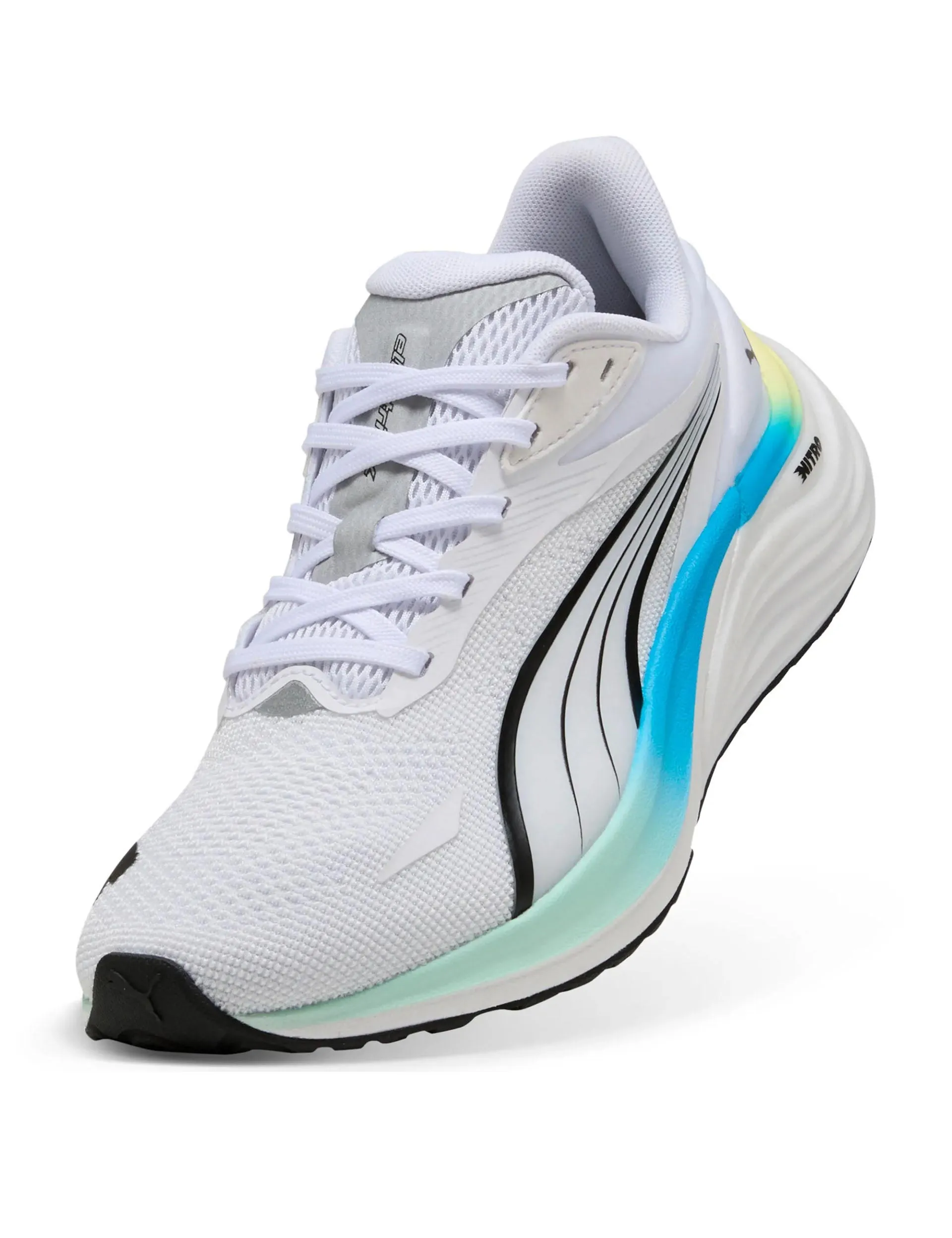 running in a chairlift area shoes lightweight leather shoes Electrify NITRO 4 Running Shoes - White/Mint Melt/Speed Blue