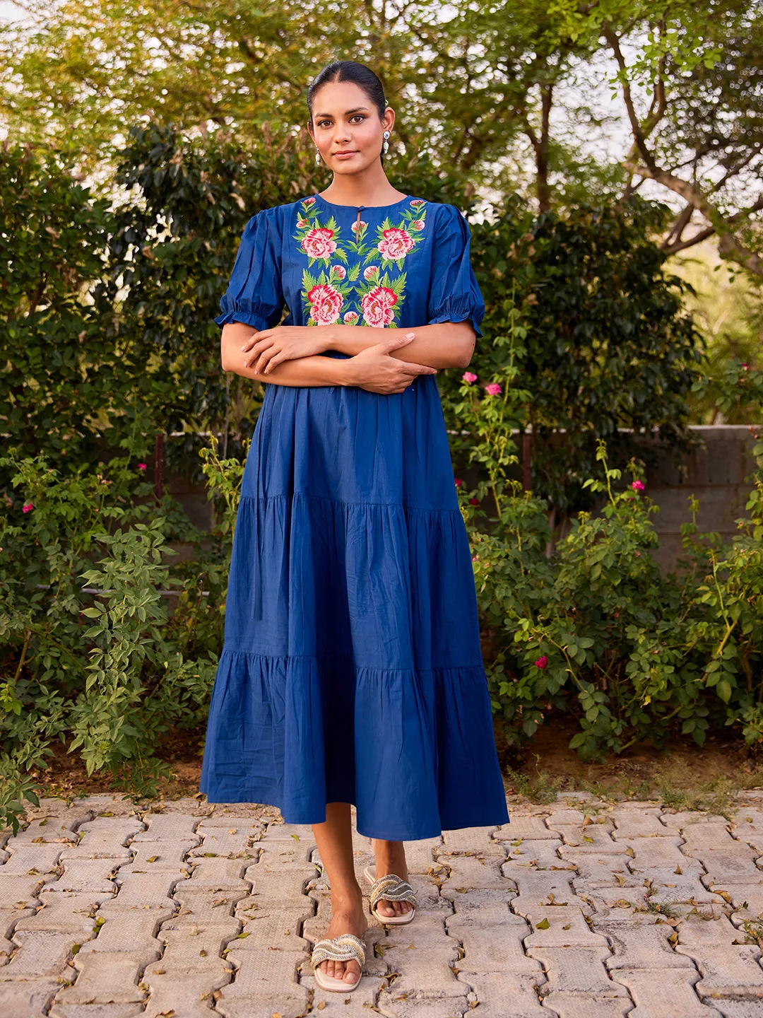 Women's Cotton Embroidered Flared Long Dess Minimal Comfort