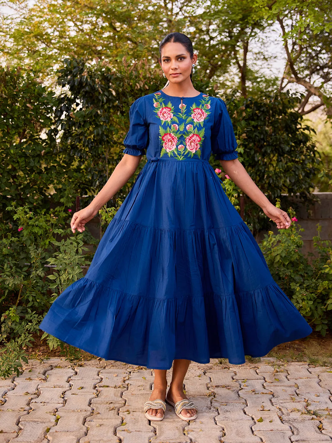 Comfy Fit Wear Lace Detail Women's Cotton Embroidered Flared Long Dess