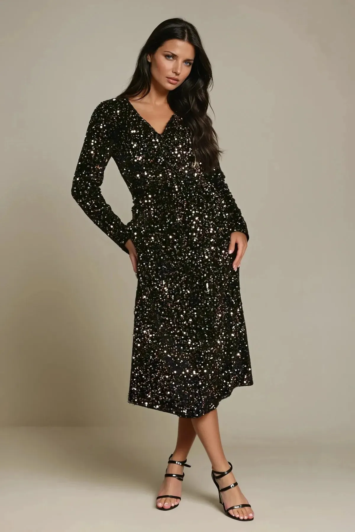 Velvet Sequin Wrap Midi Dress Modern Movement Essential Style