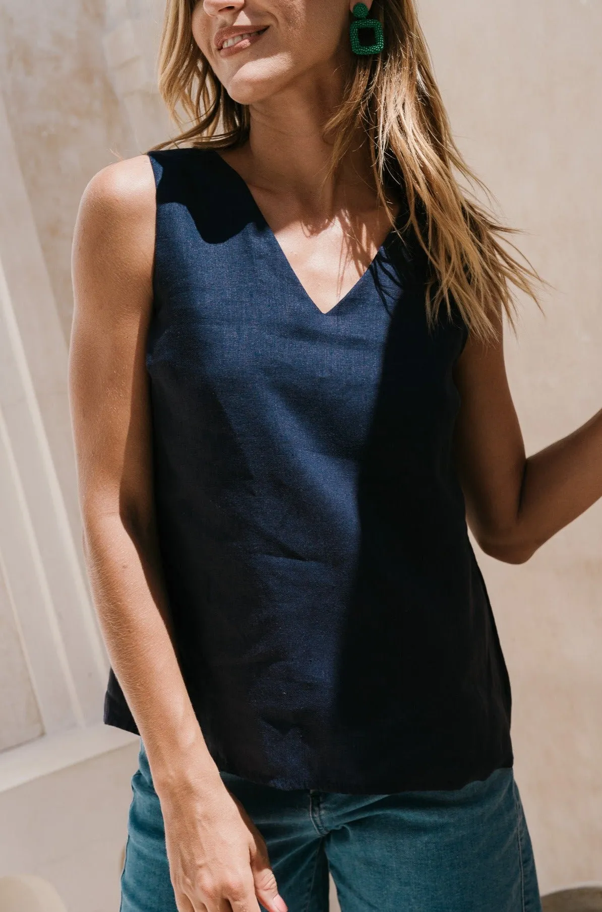Ember Linen Cami in Navy Trendy Tops